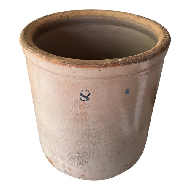 Vintage Stoneware Crock 8-Gallon Antique Rustic Farmhouse Decor Beige & Brown For Sale