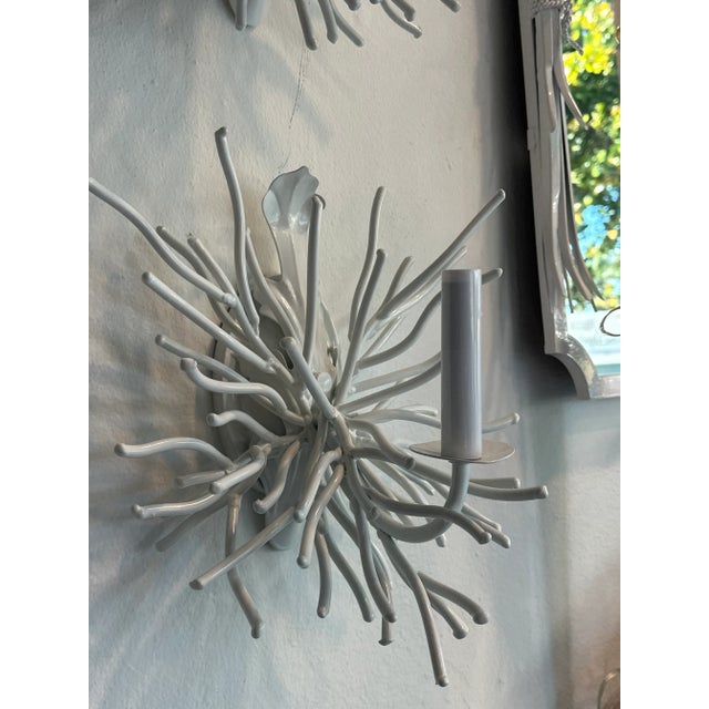 Vintage Pair Palm Beach Coral Metal Tole Wall Sconces Lights Newly Wired White For Sale - Image 10 of 12