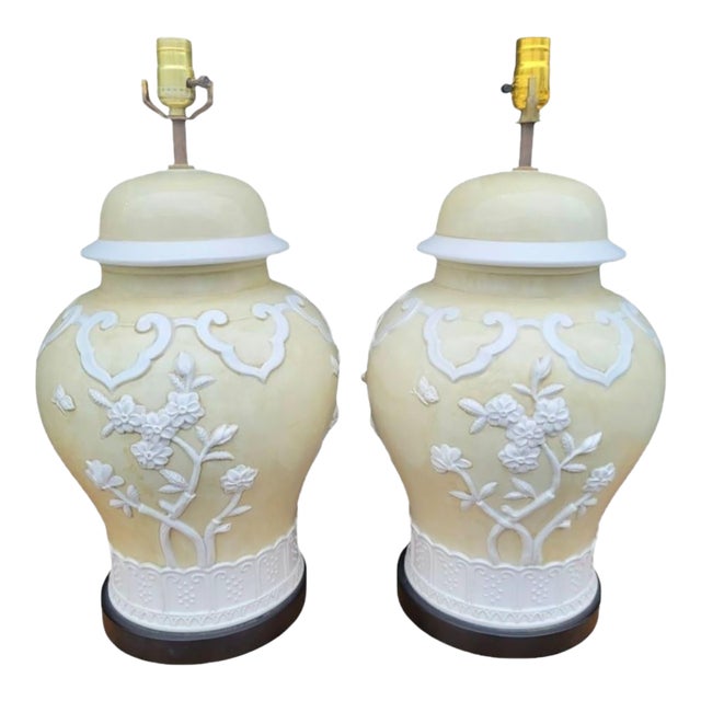 Vintage Large Off White Regency Highly Detailed Frosted Ginger Jar Table Lamps- A Pair For Sale