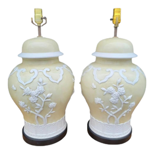 Vintage Large Off White Regency Highly Detailed Frosted Ginger Jar Table Lamps- A Pair