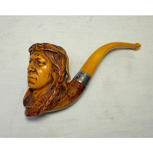 Up for sale is one of the nicest antique 19th century hand-carved meerschaum and sterling silver Indian chief smoking...