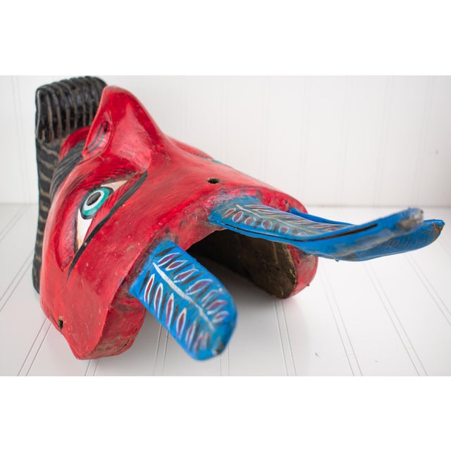 Large Vintage Hand Carved Red Diablo Costume Mask With Beard & Blue Feathers For Sale - Image 12 of 18