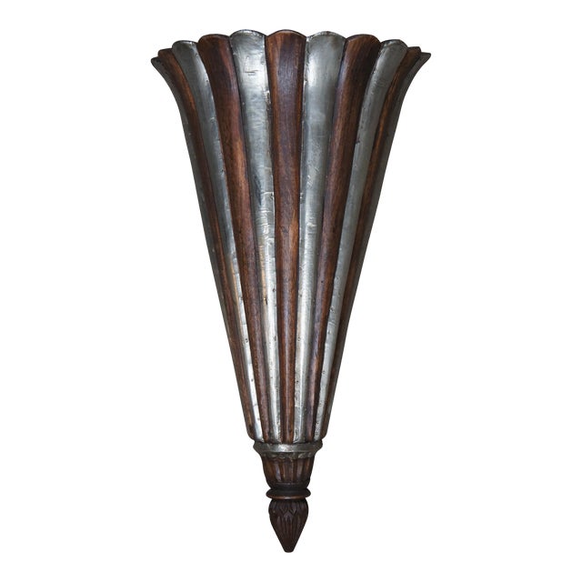 Large Vintage Wood & Metal Torchiere Wall Pocket Flower Bracket Sconce For Sale
