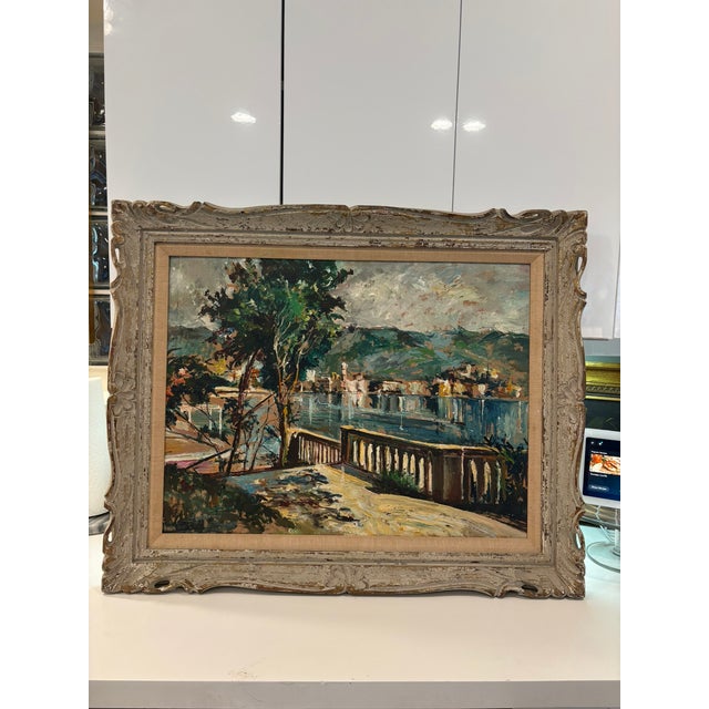 Palm Beach estate find: a richly textured impasto oil coastal town scene with dramatic brushwork, waterfront reflections,...