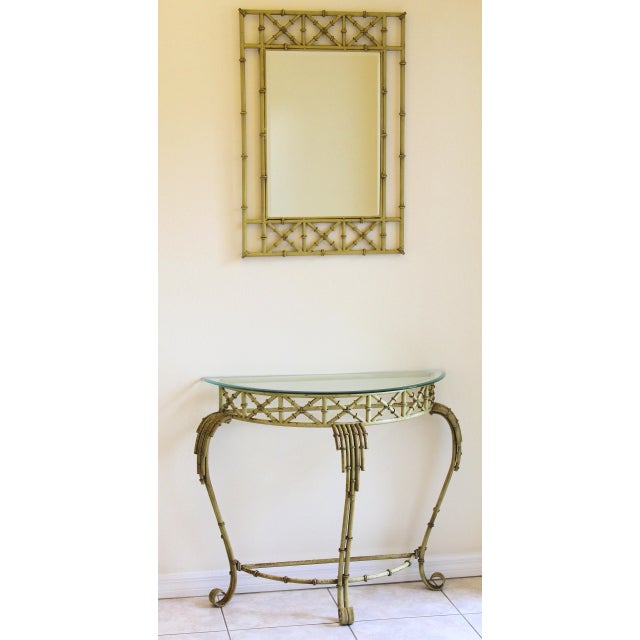 Add timeless Palm Beach glamour to your home with this stunning Vintage Hollywood Regency Faux Bamboo Console Table and...