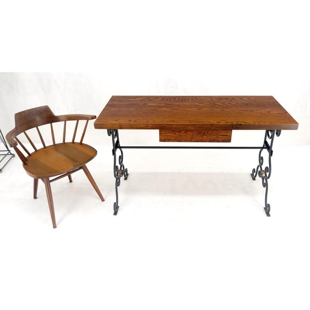 Late 20th Century Solid Warmed Chestnut Wrought Iron Base One Drawer Writing Table Desk MINT For Sale - Image 5 of 12