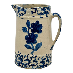 Unusual Antique American Blue Spongeware & Flower Decorated Stoneware Milk Pitcher Circa Late 19th Century