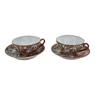 Antique Japanese Kutani Eggshell Porcelain Cups & Saucers - a Pair For Sale