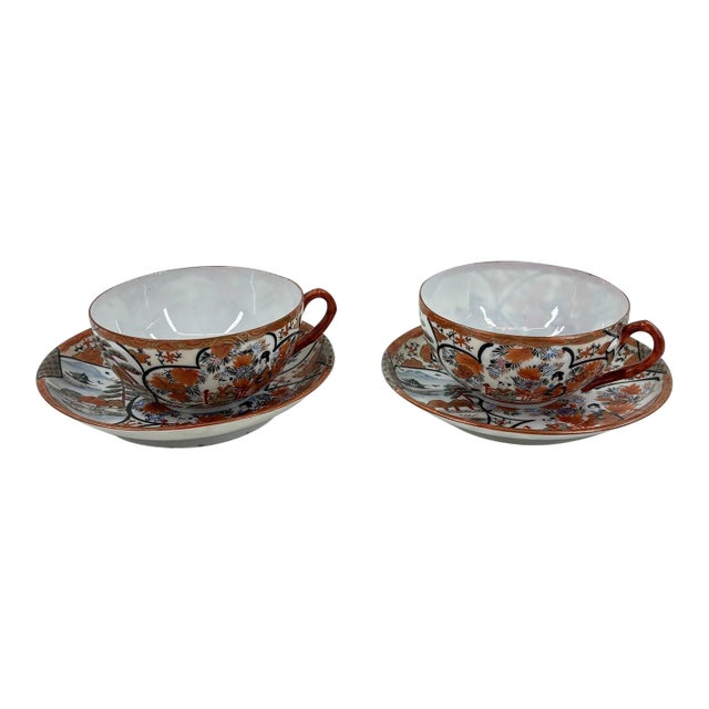 Antique Japanese Kutani Eggshell Porcelain Cups & Saucers - a Pair For Sale
