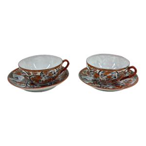 Antique Japanese Kutani Eggshell Porcelain Cups & Saucers - a Pair