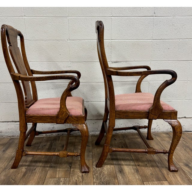 Red Vintage Queen Anne Style Carved Oak Checkered Print Arm Chairs For Sale - Image 8 of 12