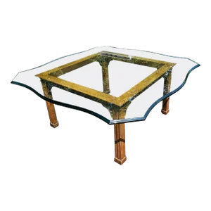 Stickley Chippendale Walnut and Tempered Ogee Cut Edge Glass Top Coffee Table