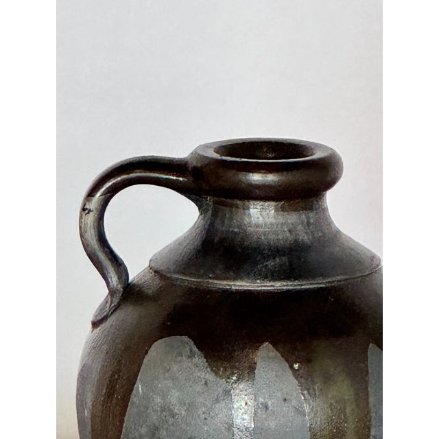 Vintage Grey Hand Thrown Vase With Black Drip Glaze, 4.5 dia x 5.5 h. Great patina! signed