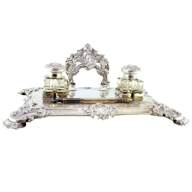 Metal Silver and Glass Inkwell with Shell Reliefs, Monogram Card and Letter Holder For Sale - Image 7 of 7