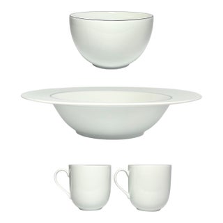 Contemporary Crate and Barrel “Epoch Blue Line” Ceramic White Dinnerware Serving Set - 4-Piece For Sale
