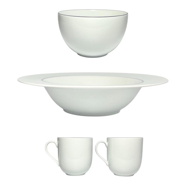 Contemporary Crate and Barrel “Epoch Blue Line” Ceramic White Dinnerware Serving Set - 4-Piece For Sale