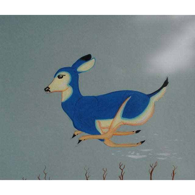 Vintage Beatien Yazz Navajo Gouache Original Painting Blue Deer Signed For Sale - Image 6 of 10
