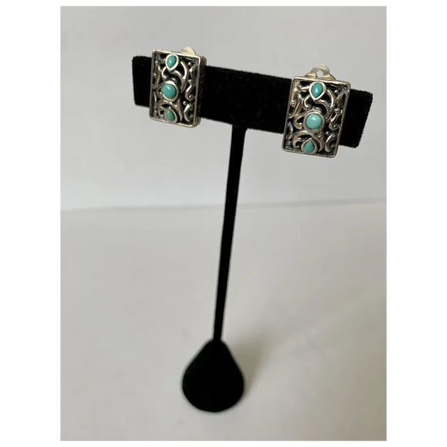 Late 20th Century Sterling and Turquoise Clip-On Earrings, A Pair For Sale - Image 10 of 12