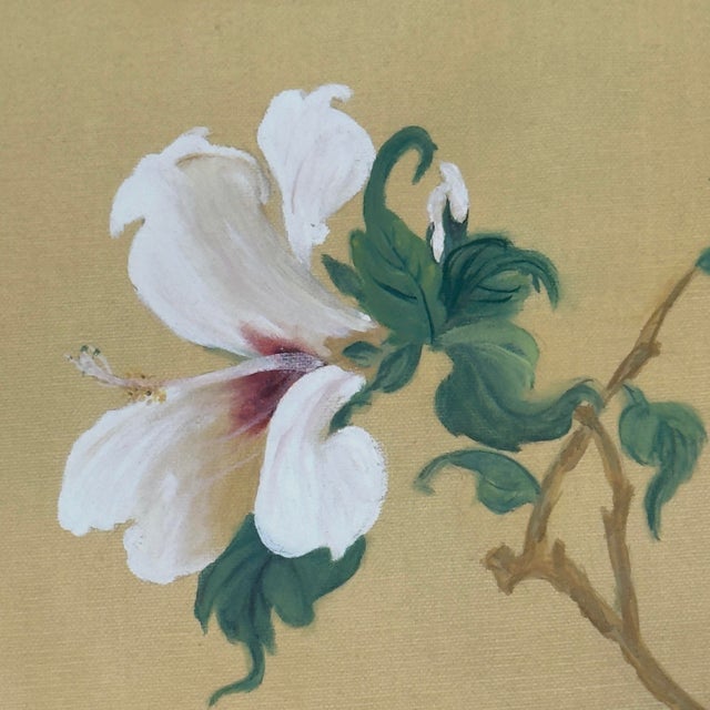 Vintage Original Hibiscus Bird Paintings Diptych Chinoiserie Gilt Frames For Sale - Image 10 of 12