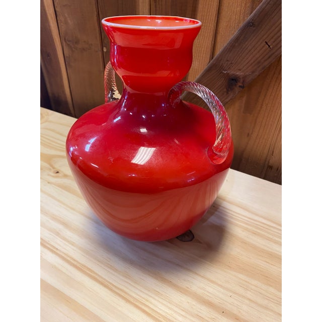 Glass 1960's Opalina Fiorentina Red Glass Vase, Made in Italy For Sale - Image 7 of 11