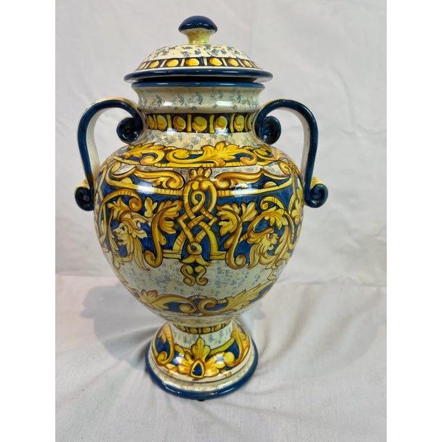 1990s Italian Hand-Painted Blue Urn With Scrolled Handles For Sale - Image 4 of 12