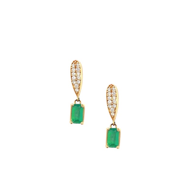 Metal Natural Emerald Diamond Earrings 14k Yellow Gold 1.09 TCW Certified For Sale - Image 7 of 13