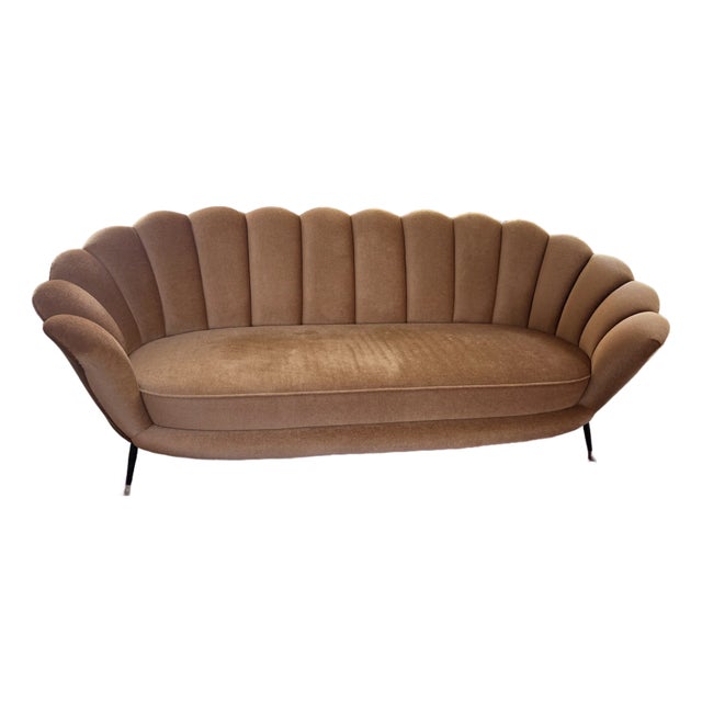 1970s Vintage Plush Camel Mohair Scallop Sofa For Sale