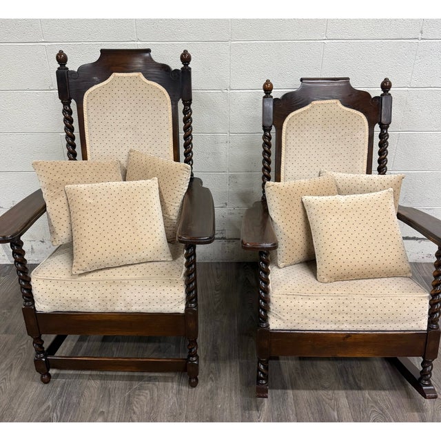 Early 20th Century Vintage Jacobean Revival or Tudor Style Barley Twist Oak Armchair and Rocker Set For Sale - Image 5 of 17
