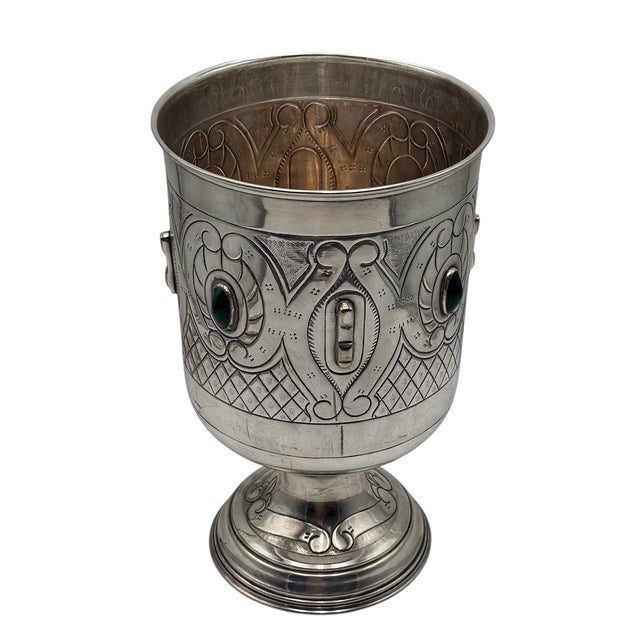 Large Mexican Spanish Colonial Revival Alpaca Silver Pedestal Wine Bucket with Green Cabochon Accents, circa 1950/60s This...