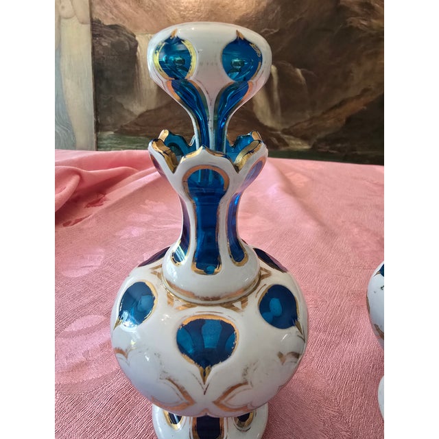 Glass Antique Moser Bohemian Glass Overlay Pr Aquamarine Bottles For Sale - Image 7 of 14