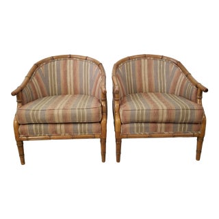 Hollywood Regency Faux Bamboo Barrel Back Arm Club Chairs - a Pair For Sale