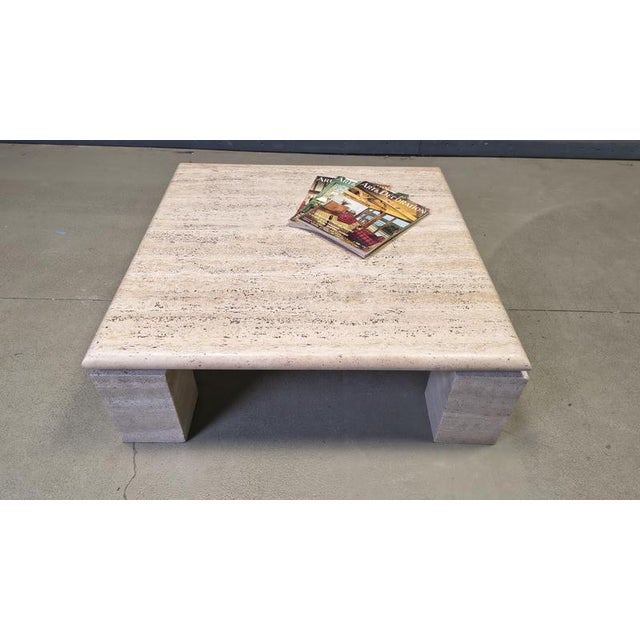 Vintage square travertine coffee table with four legs. Beautiful natural travertine stone. Good condition 1970s - Italy...