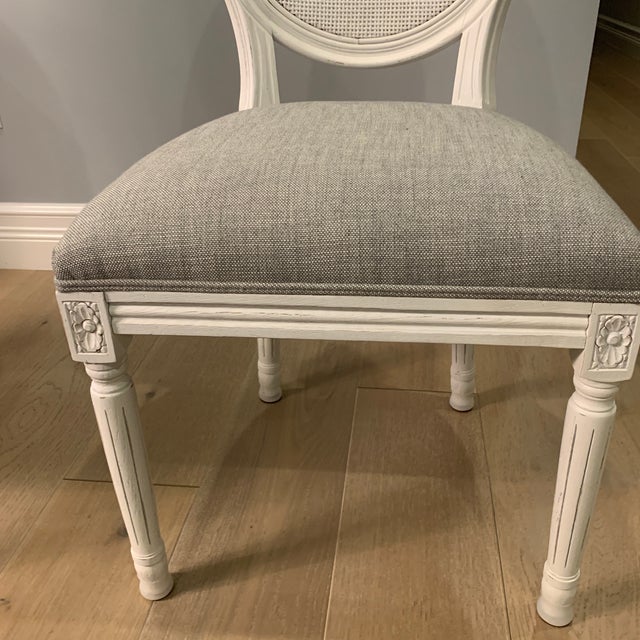 8 sold separately vintage French round cane back fabric side chair With perennials textured linen weave light gray fabric