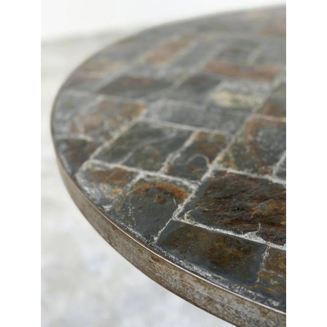 Brown Round Slate Stone Mosaic Coffee Table with Sculptural Metal Base, 1970s For Sale - Image 8 of 10