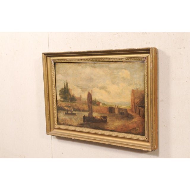 European Riverside Village Painting, 19th C For Sale - Image 13 of 13