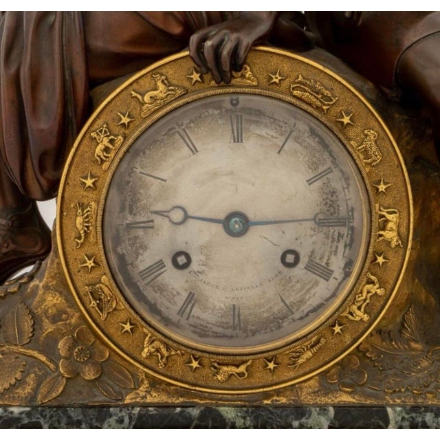 French Empire Patinated & Gilt Bronze Apollo & Diana Figural Mantel Clock, Verde Antico Marble, C. 1830 For Sale - Image 4 of 10