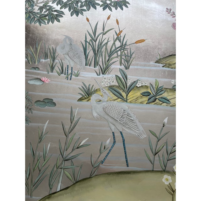 Chinoiserie Silver Leaf Chinoiserie Hand-Painted Garden Mural With Peacocks & Egrets (Set of 3) For Sale - Image 3 of 4