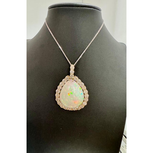 Gemstone 40 Carat Pear Ethiopian Opal & 8 Carat Diamond Pendant/Necklace 14K Yellow Gold For Sale - Image 7 of 18