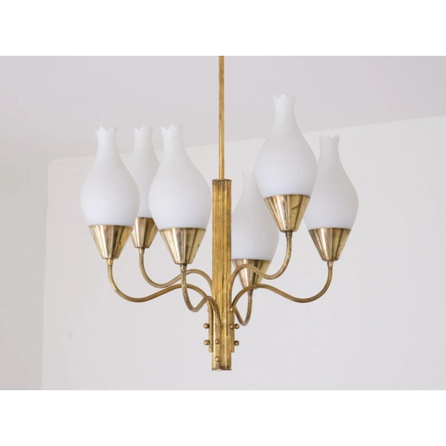 Metal Six Arm Chandelier in Brass and Opal Glass by Edvard Hagman, Sweden, 1956 For Sale - Image 7 of 12