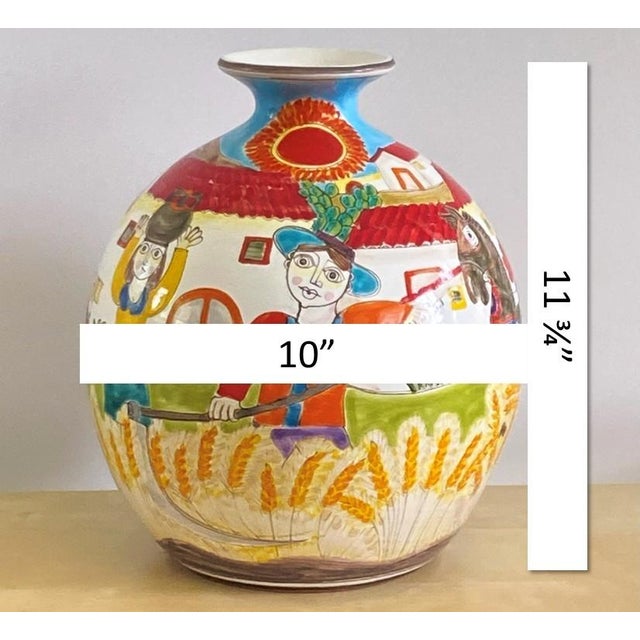 Vintage Giovanni DeSimone Vase - Farm and Harvest Scenes, Signed (Rare Large Size 11¾” X 10”) For Sale - Image 10 of 12