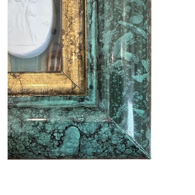 English Vintage Petite Faux Green Marble Framed Neoclassical Grand Tour White Plaster Intaglio of the Three Graces on Marbled Endplate Paper For Sale - Image 3 of 5