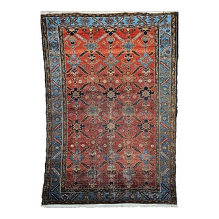 Vintage Malayer Rug, All Over Geometric Pattern, Handwoven Rust Red & Blue, 4’ X 6’ For Sale