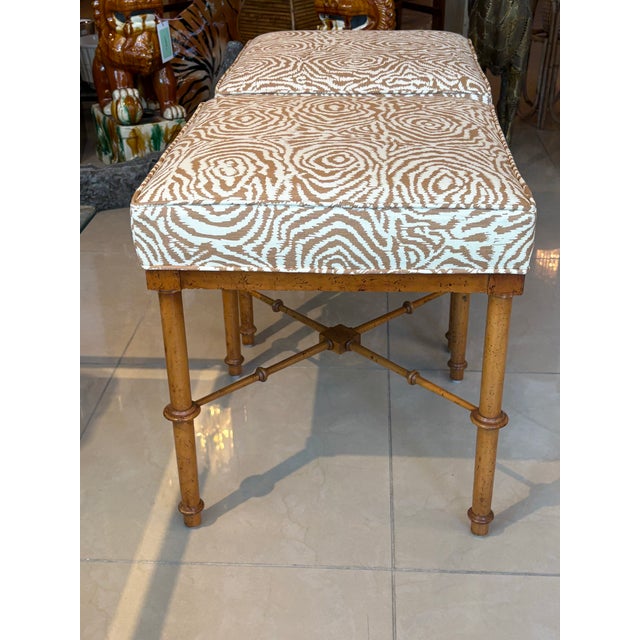 Hollywood Regency Pair Vintage Faux Bamboo Wood Benches Ottomans Newly Upholstered Quadrille For Sale - Image 3 of 12