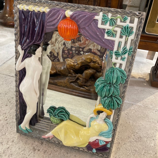 1950s Anton Klieber Mirror Frame Im Art Deco Style With Two Female Figures and Curtain, a Lantern and Green Plants,Keramos, Vienna, 1949 For Sale - Image 5 of 12