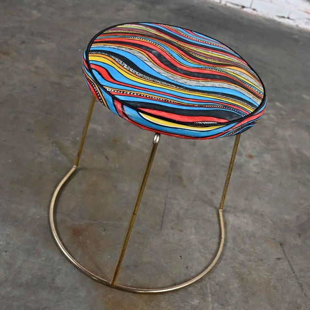 Red Vintage MCM Stool With Round Colorful Vinyl Seat & Brass Plated Steel Asymmetric Base For Sale - Image 8 of 13