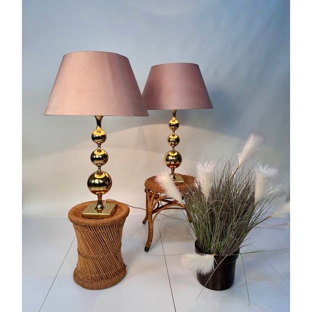 Large Table Lamps with Sculptural Brass Ball Bases, 1970s, Set of 2 For Sale - Image 17 of 18