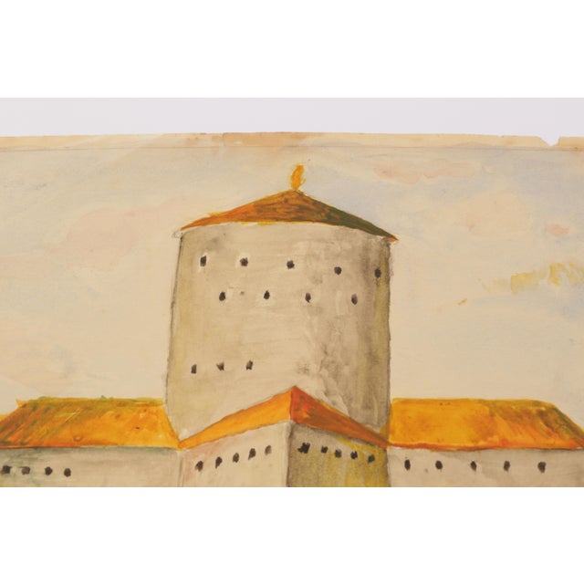 Mid-Century Scandinavian Outsider Folk Art Original Watercolor Painting, Fortress Landscape For Sale In San Diego - Image 6 of 10