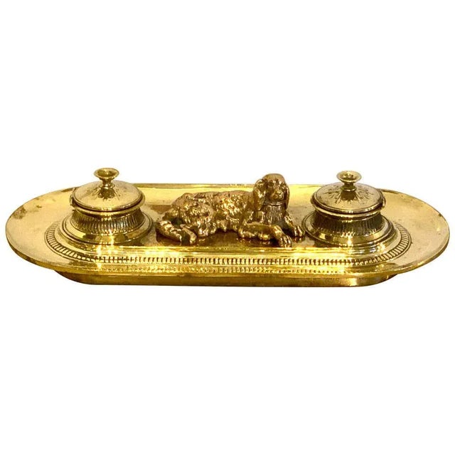Brass 19th Century English Brass Resting Dog Double Inkwell For Sale - Image 8 of 8