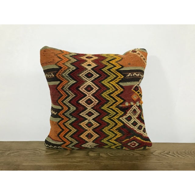 Turkish Zig Zag Design Handwoven Kilim Pillow For Sale In Phoenix - Image 6 of 6