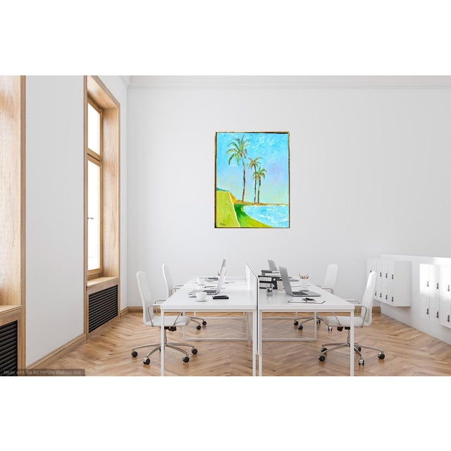 Plein air oil painting of three palm trees in the breeze on a beach at sunset. Soft glowing colors are very contemporary...